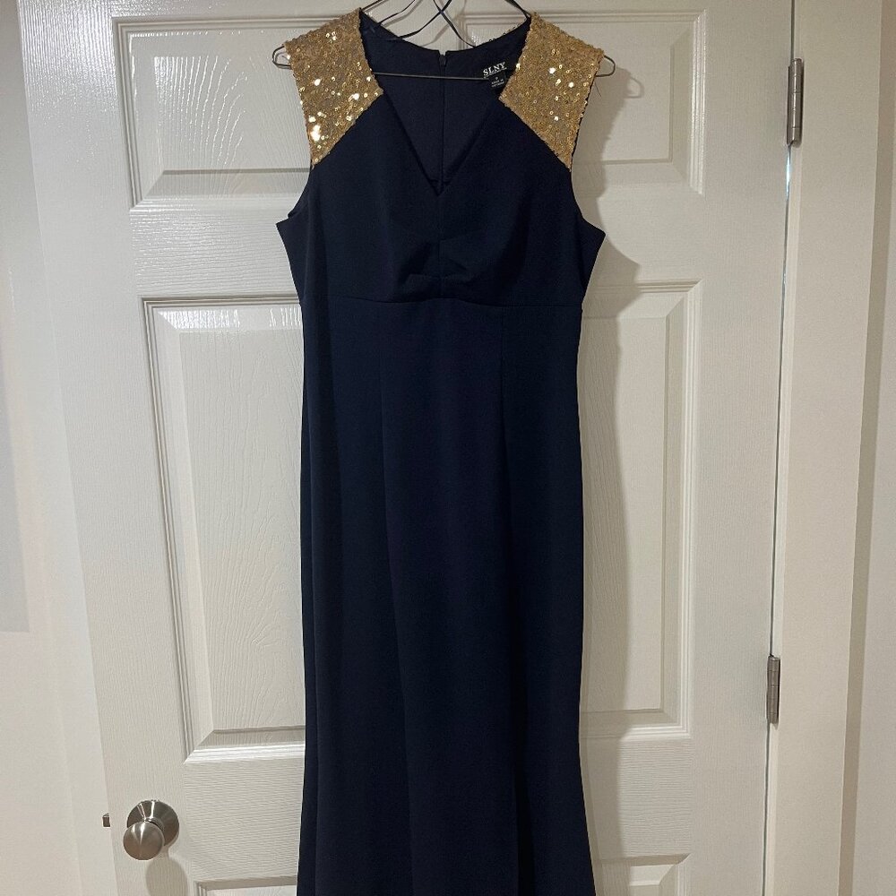 Navy SLNY dress with gold accents